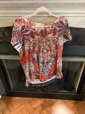 ONE WORLD Orange Paisley & Floral Short Sleeve Top